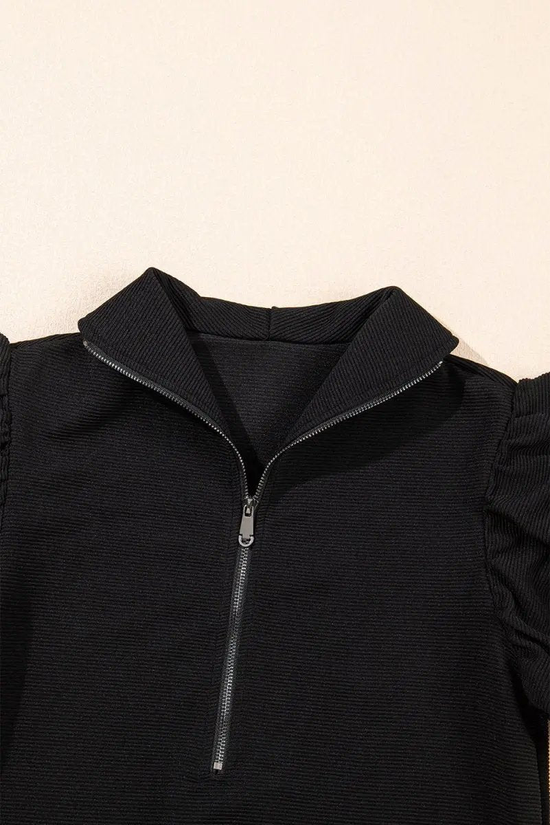 Black Textured Ruffled Sleeve Zipped Top and Wide Leg Pants Set - Love Salve